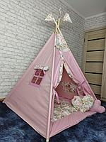 Детская палатка вигвам 4х гранный розовый/цветы, фото 1