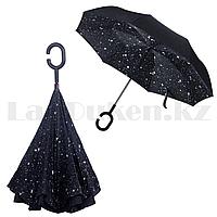 Чудо зонт Перевертыш двухслойный с системой антиветра и с ручкой крючком черный с рисунком звезды