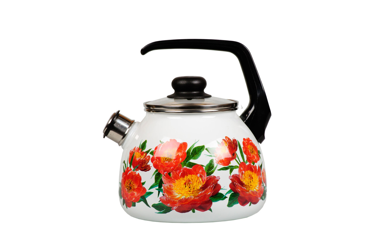 Чайник со свистком 3л "Peony" бел. (Сталь Эмаль, Россия), фото 1