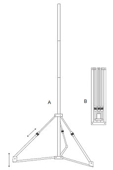 Вольностоящая мачта стальная (горячего оцинкования) для молниеуловителей на подставках   H=5700 mm, расстояние до 10 m, составная, тренога, утяжители