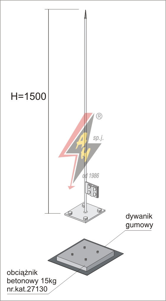 Вольностоящая мачта нгорячего оцинкования на одинарном утяжителе H=4000 mm, цельная, утяжитель 27150, (Ø 0,71 m) – 6,8 кг / 41,8 кг    
