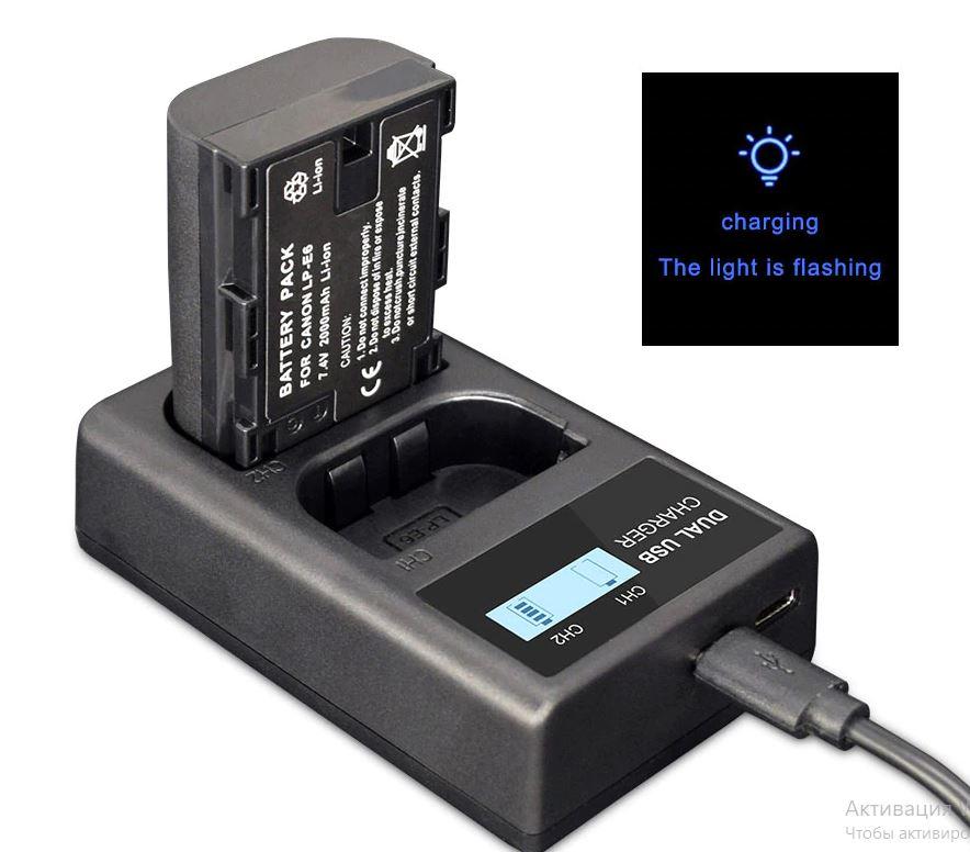 USB двойное зарядное устройство с дисплеем для аккумулятора Canon LP-E6 - фото 1 - id-p94571431