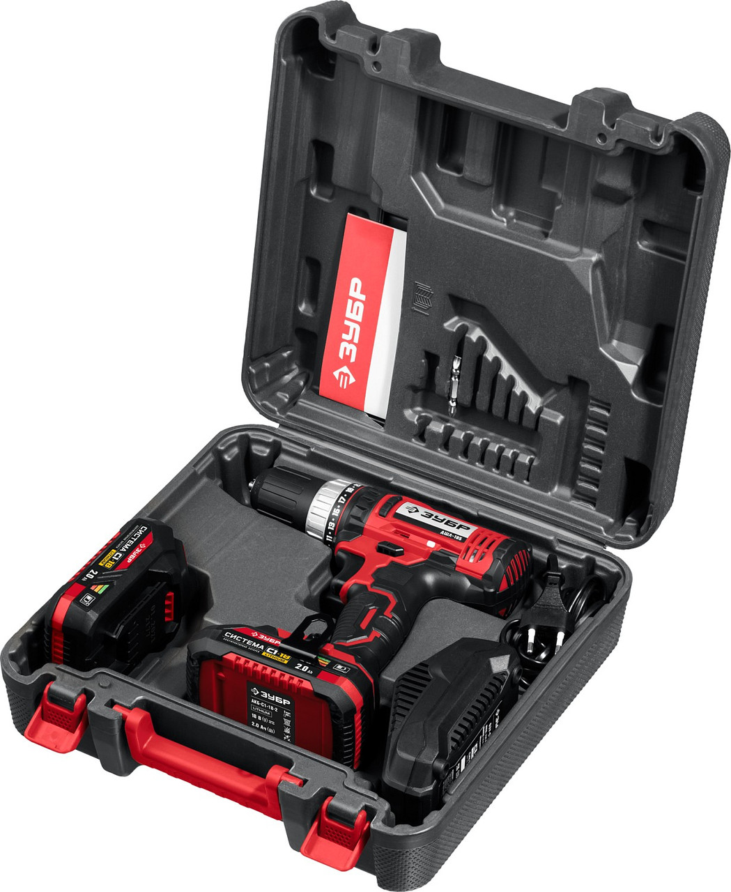 ЗУБР 18 В, 2 АКБ (2Ач), в кейсе, ударная дрель-шуруповерт ДШУ-185-22 Мастер