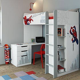 Кровать-чердак Polini Simple Marvel 4355 Человек-паук с письменным столом и шкафом
