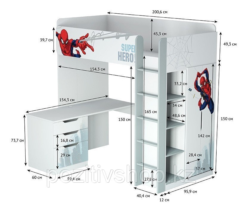 Кровать-чердак Polini Simple Marvel 4355 Человек-паук с письменным столом и шкафом - фото 4 - id-p94640178