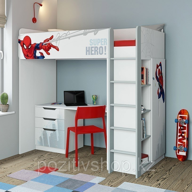 Кровать-чердак Polini Simple Marvel 4355 Человек-паук с письменным столом и шкафом - фото 7 - id-p94640178