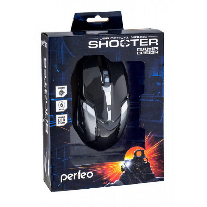 Мышь проводная Perfeo оптическая "SHOOTER" 6кн. USB, DPI 1200-3200 GAME DESIGN чёрная, с подсеткой 6 цв.,
