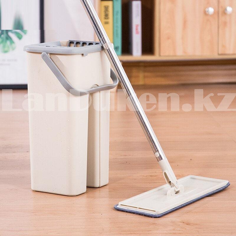 Набор для уборки швабра + ведро с отжимом насадка из микрофибры поворот швабры 360° ведро 36*18*15 cм бежевое, фото 1