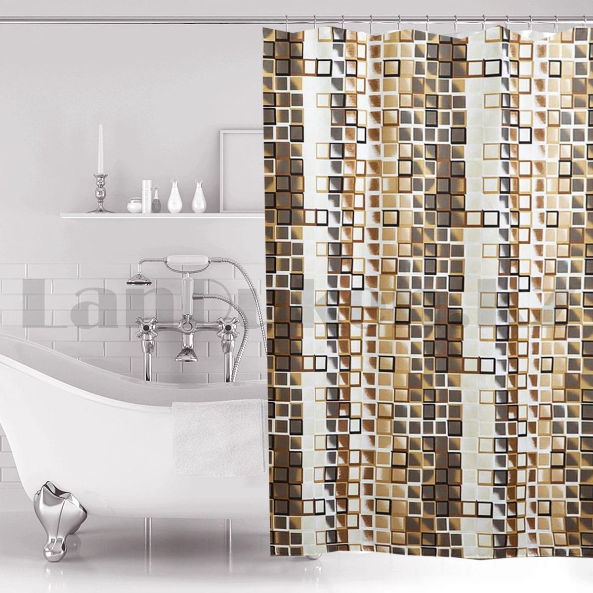 Водонепроницаемая тканевая шторка для ванной Miranda для душа 180х200 см с квадратиками в коричневых оттенках