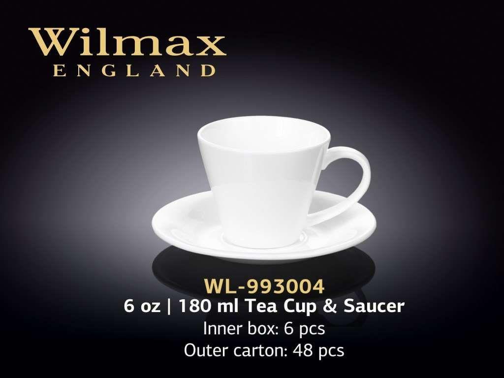 Чашка чайная + блюдце "Wilmax", 180 мл, фарфор, белая