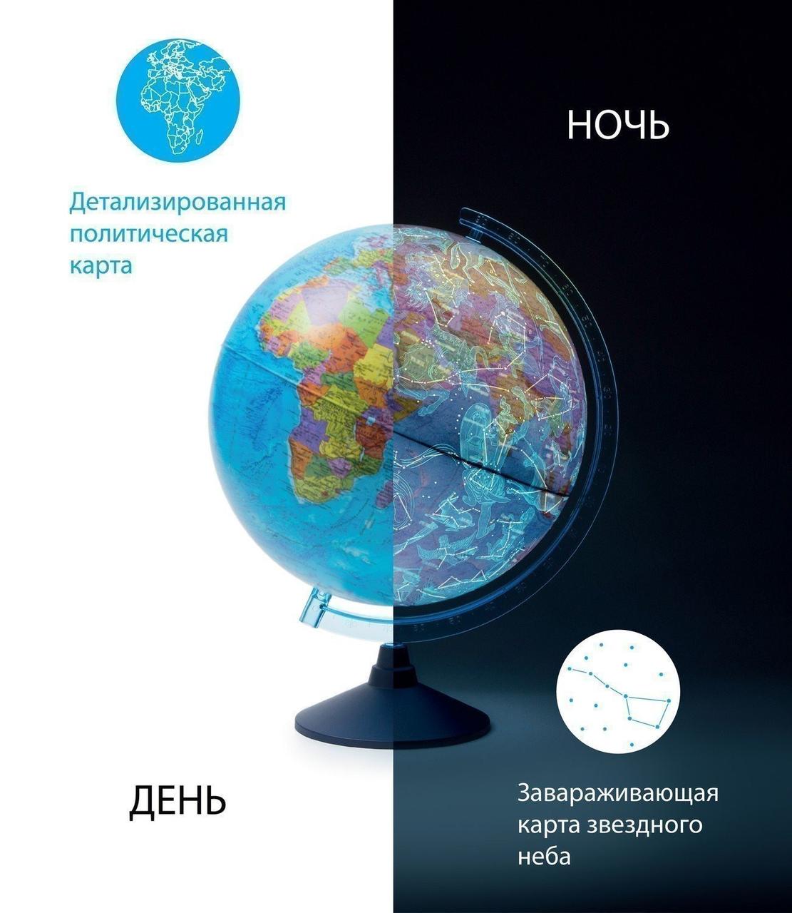 Интерактивный Глобус День и Ночь, Политический и Звездного неба, 25 см (подстветка от сети, очки ВР)
