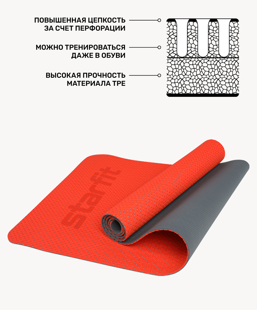Коврик для фитнеса FM-202, TPE перфорированный, 173 x 61 x 0,5 см, ярко-красный Starfit