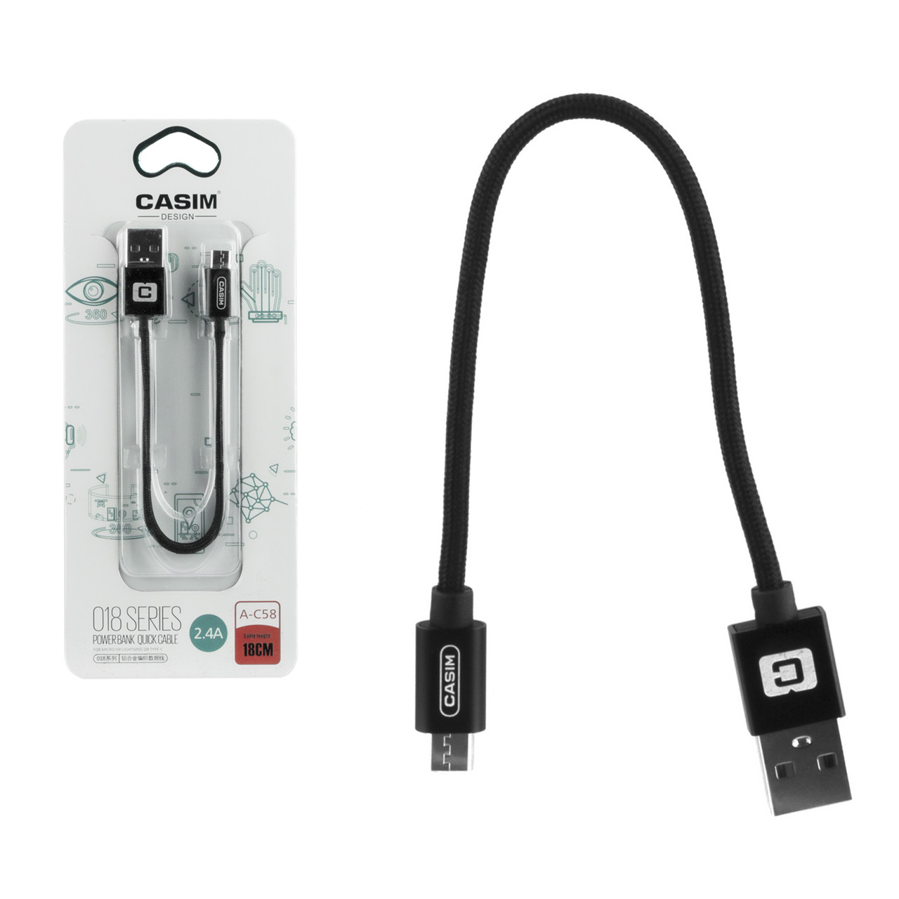 Кабель Micro USB Casim A-C-58 18cm, Black