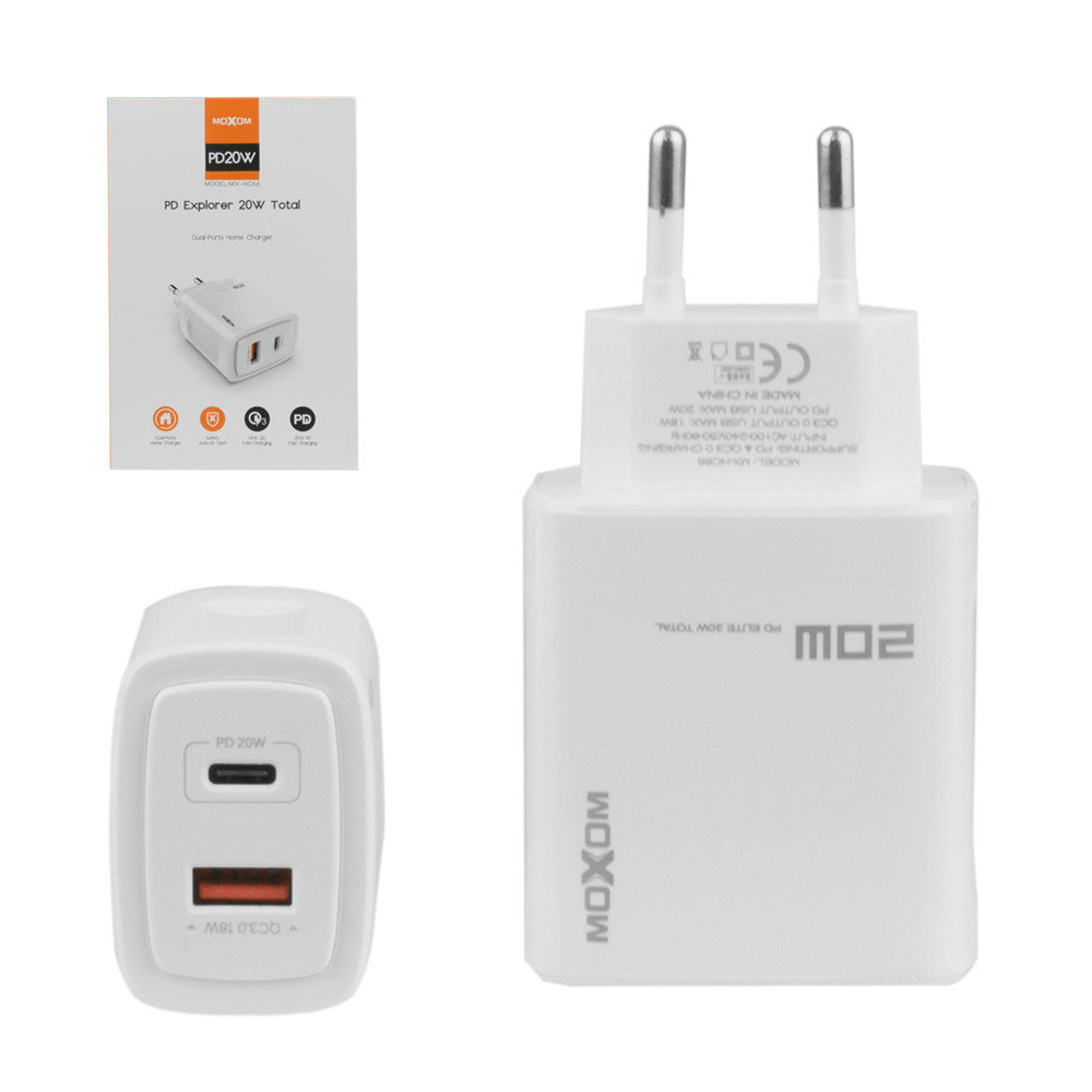 Сетевое зарядное устройство Moxom MX-HC66, PD-20W, QC-18W, White