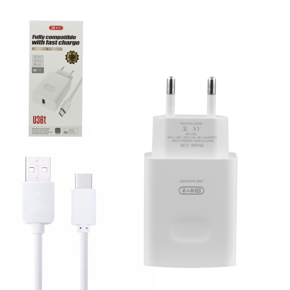 Сетевое зарядное устройство BYZ U36t, QC, 40W, с кабелем Type-C, White