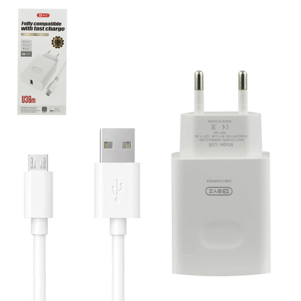 Сетевое зарядное устройство BYZ U36m, QC, 40W, с кабелем Micro USB, White