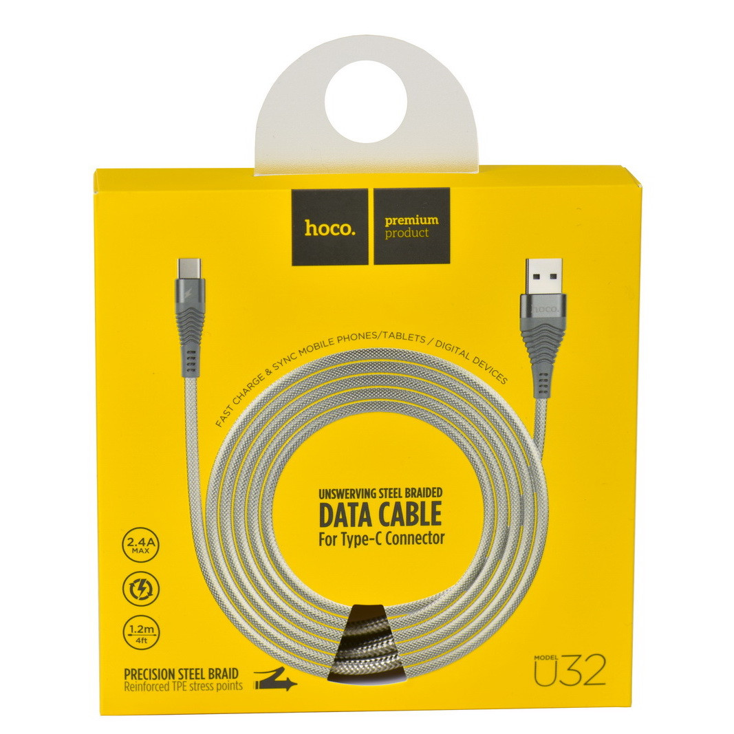 Кабель Type-C Hoco U32 Unswerving Steel Braided 2.4A 1.2m Gray