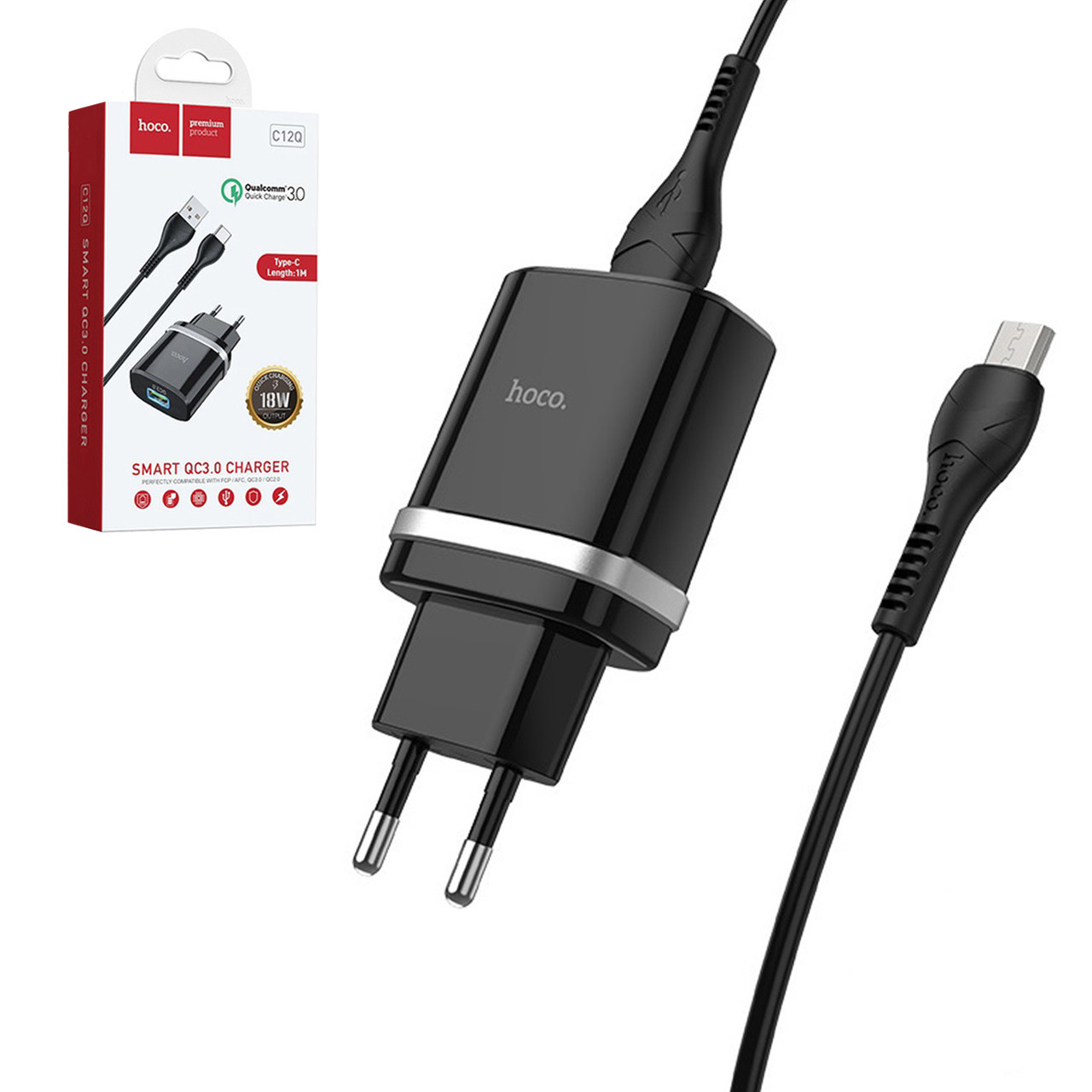 Сетевое зарядное устройство Hoco C12Q + кабель Type-C 1XUSB QC 3.0 18W, Black