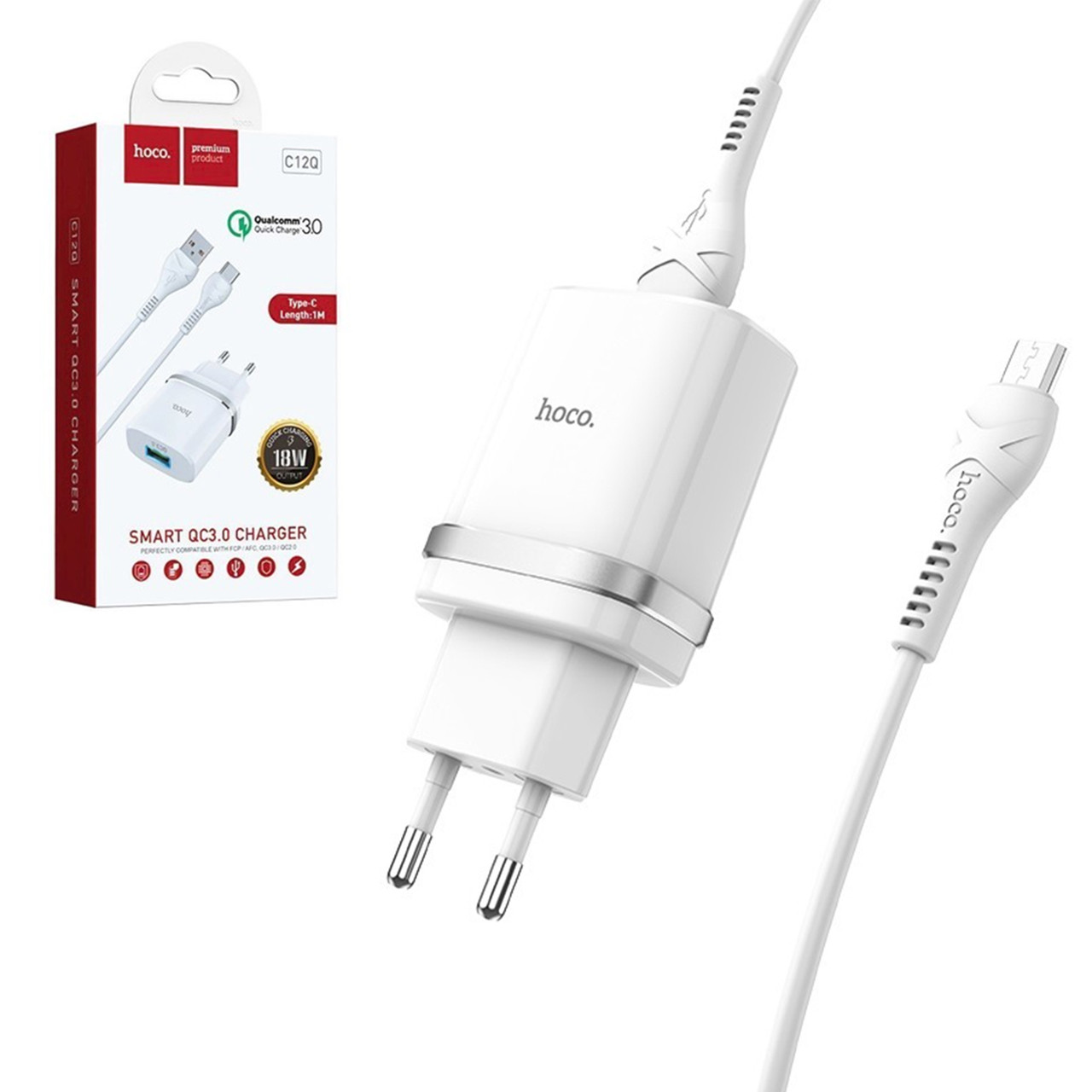 Сетевое зарядное устройство Hoco C12Q + кабель Type-C 1XUSB QC 3.0 18W, White