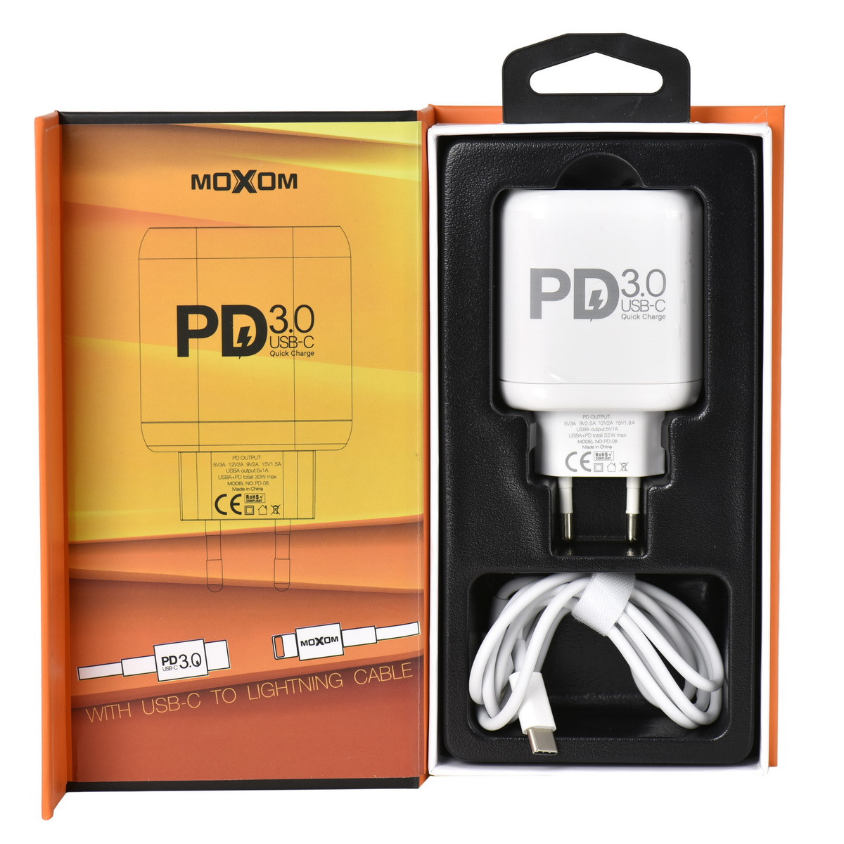 Сетевое зарядное устройство MOXOM PD-08 2in1 Lightning (QC 3.0) 1USB port 5V 1A + 1USB-C port 5V 3A