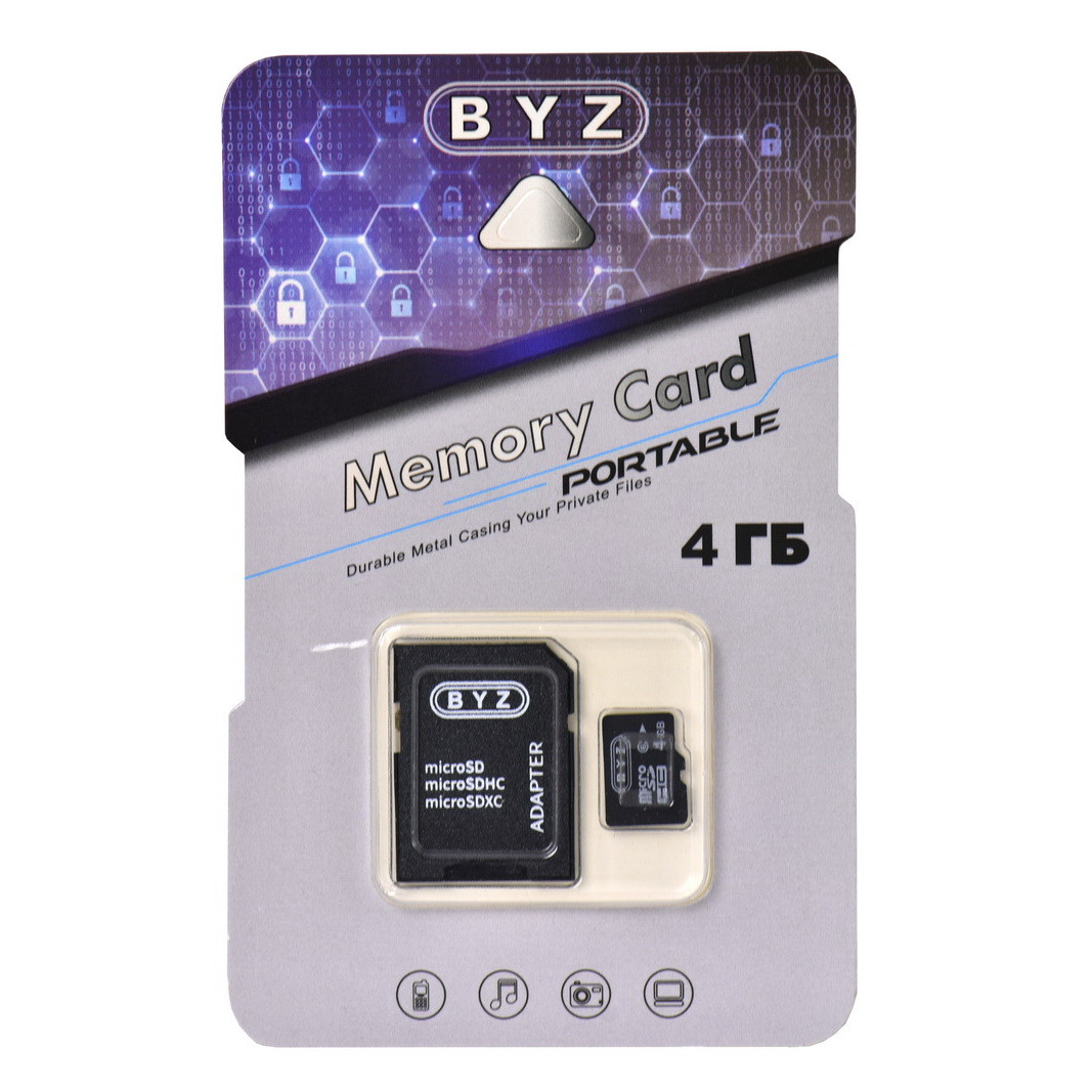 Карта памяти Micro SD 4Gb BYZ class 6, c адаптером