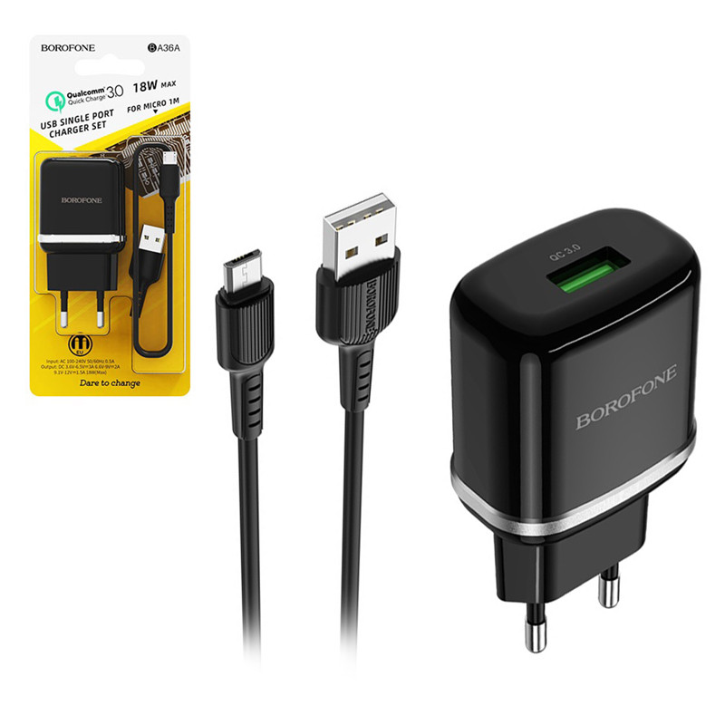 Сетевое зарядное устройство Borofone BA36A 1xUSB QC 3.0, 18W + кабель micro usb, Black