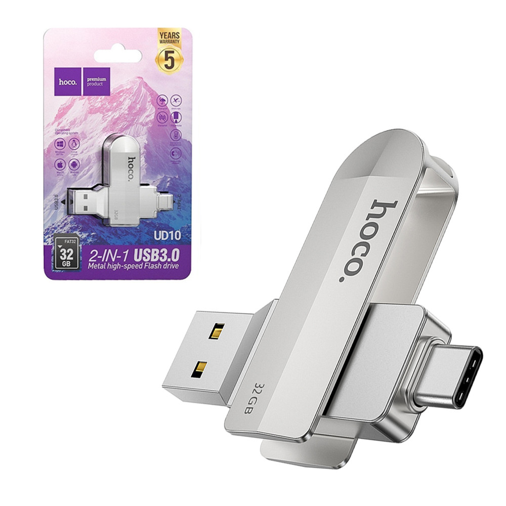 USB Flash 32Gb, Hoco UD10, 2-in-1 Type-A and Type-C USB, Silver