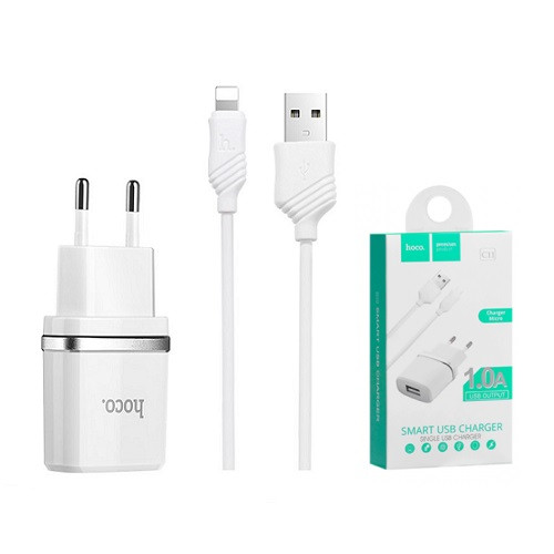 Сетевое зарядное устройство Hoco C11 + кабель Lightning 1XUSB 1A White