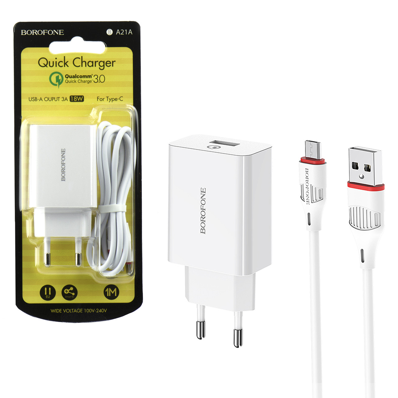 Сетевое зарядное устройство Borofone A21A 1xUSB QC 3.0 + кабель Type-C White - фото 1 - id-p94940160