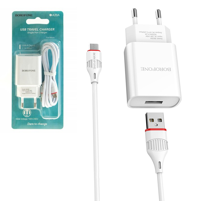 Сетевое зарядное устройство Borofone BA20A 1xUSB 5V-2.1A + кабель micro usb, White