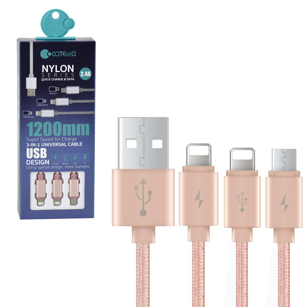 Кабеля (Lightning/Lightning/Micro-USB) COTEetCI Nylon Series M8 CS2110-MRG 2.4A 1.2m Rose Gold