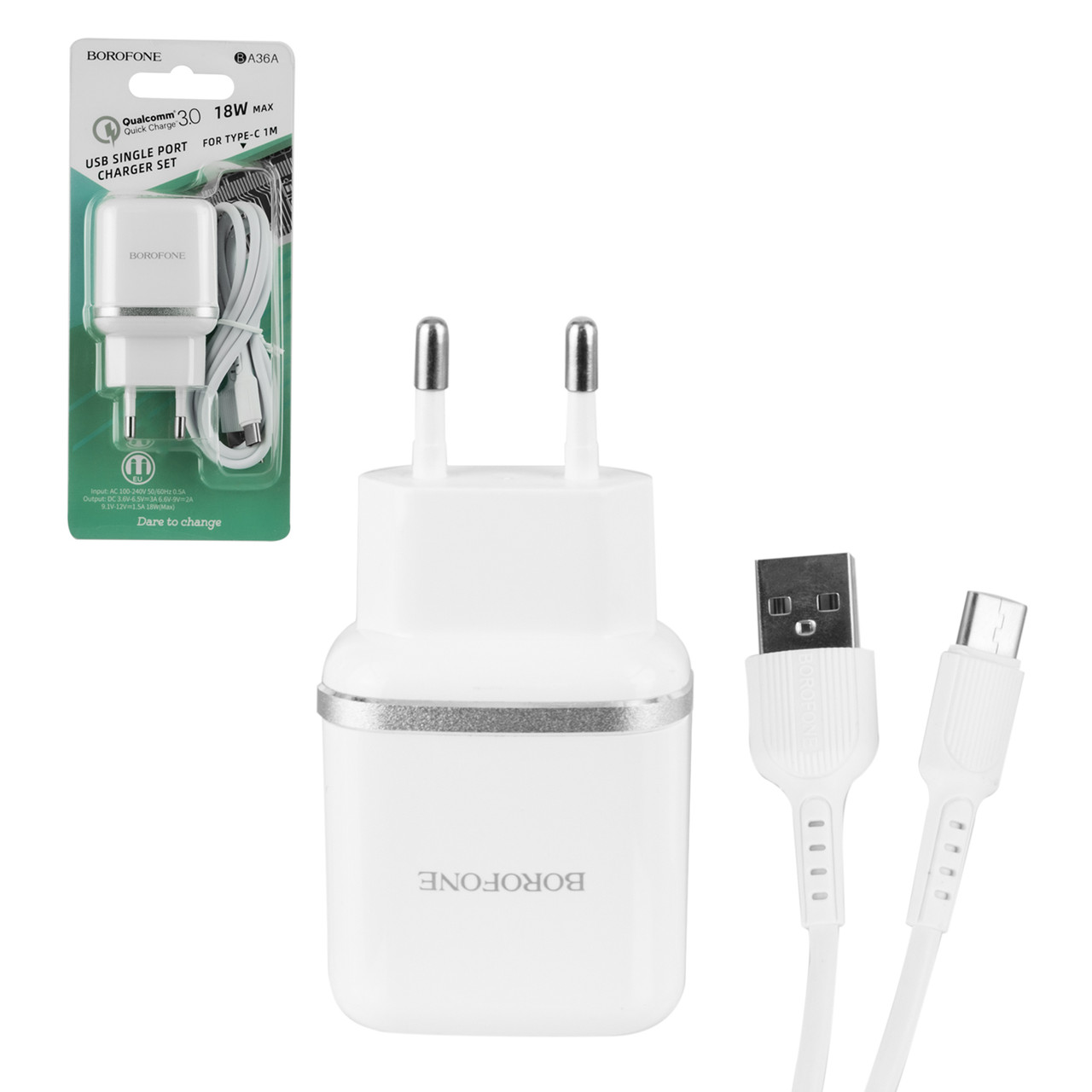 Сетевое зарядное устройство Borofone BA36A 1xUSB QC 3.0, 18W, + кабель Type-C, White