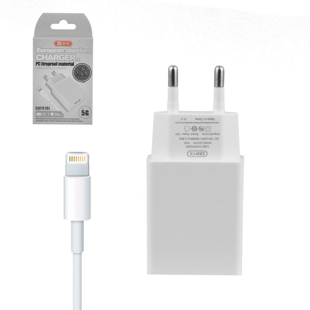 Сетевое зарядное устройство BYZ DAY016i, 5V-2.4A, с кабелем lightning, White