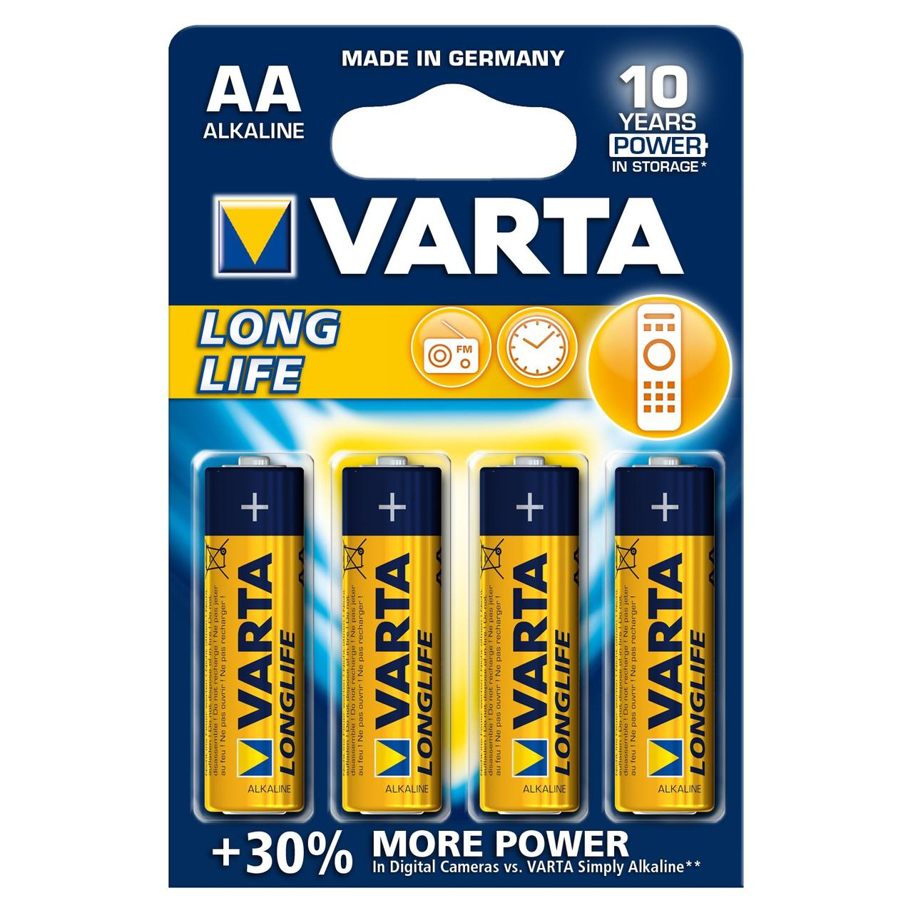 Батарейки Varta AA (LR6/MN1500), Longlife, alkaline, комплект - 4 штуки, [4906-4]