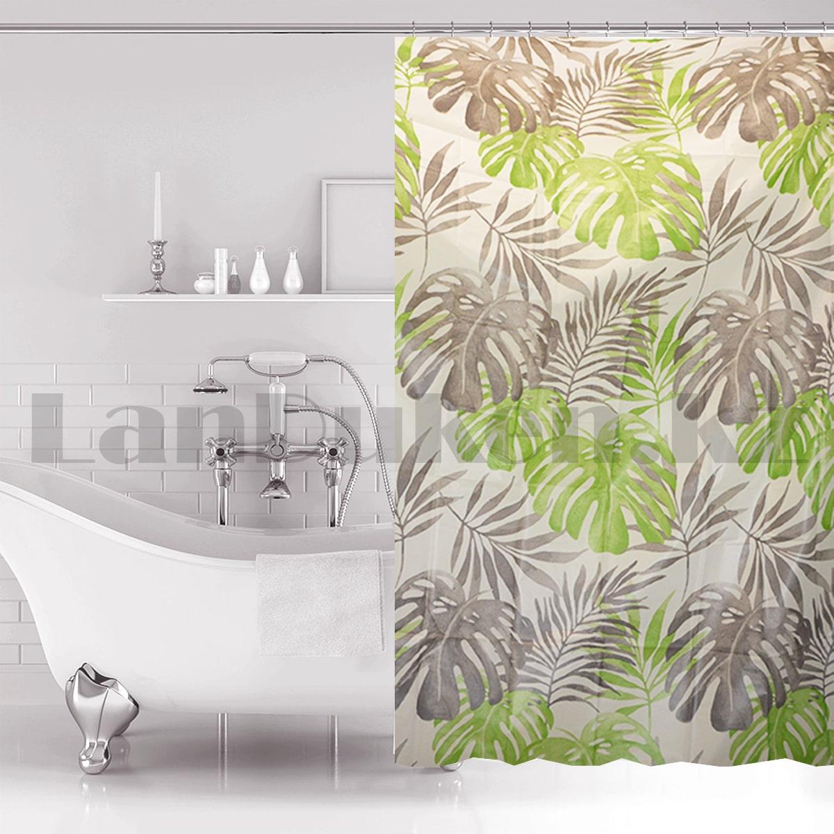 Водонепроницаемая гелевая шторка для ванной OUMEIYA для душа 180х180 см с листьями монстеры  прозрачная