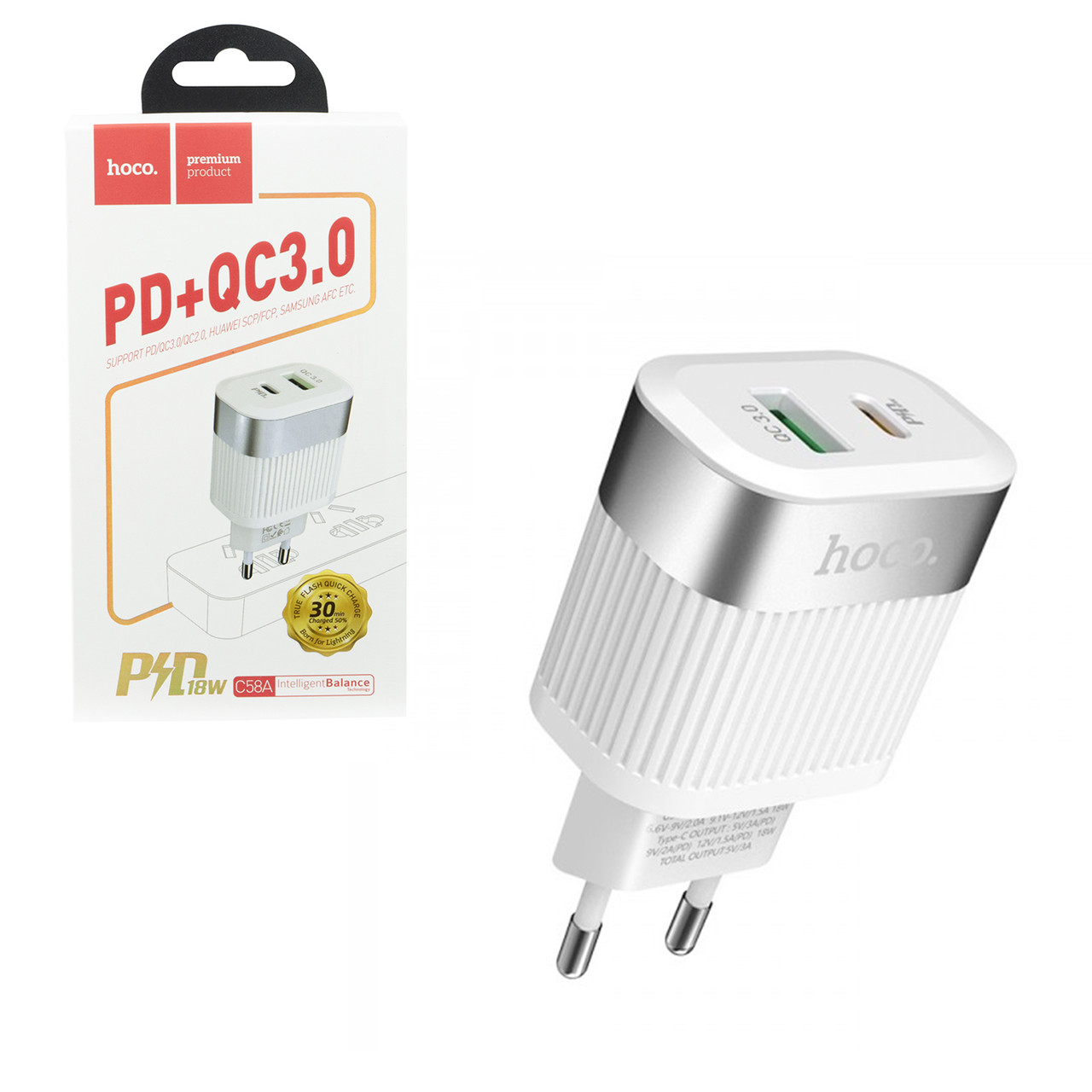 Сетевое зарядное устройство Hoco C58A PD+QC3.0 18W, White