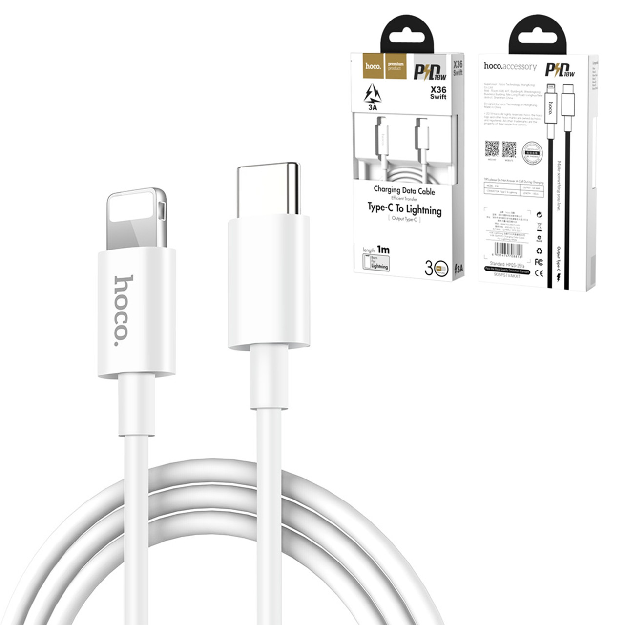Кабель Type-C to lightning Hoco X36 PD 1m 3A, White