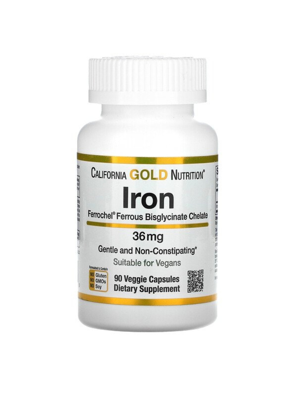 California Gold Nutrition Ferrochel, железо (бисглицинат), 36 мг, 90 растительных капсул - фото 1 - id-p95242209