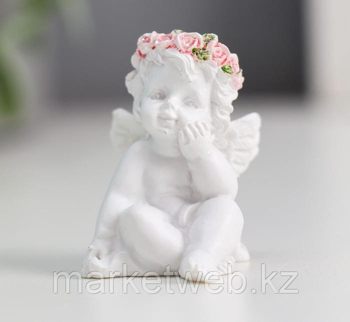 Сувенир полистоун  Ангелочек в розовом веночке   5х3,5х3 см