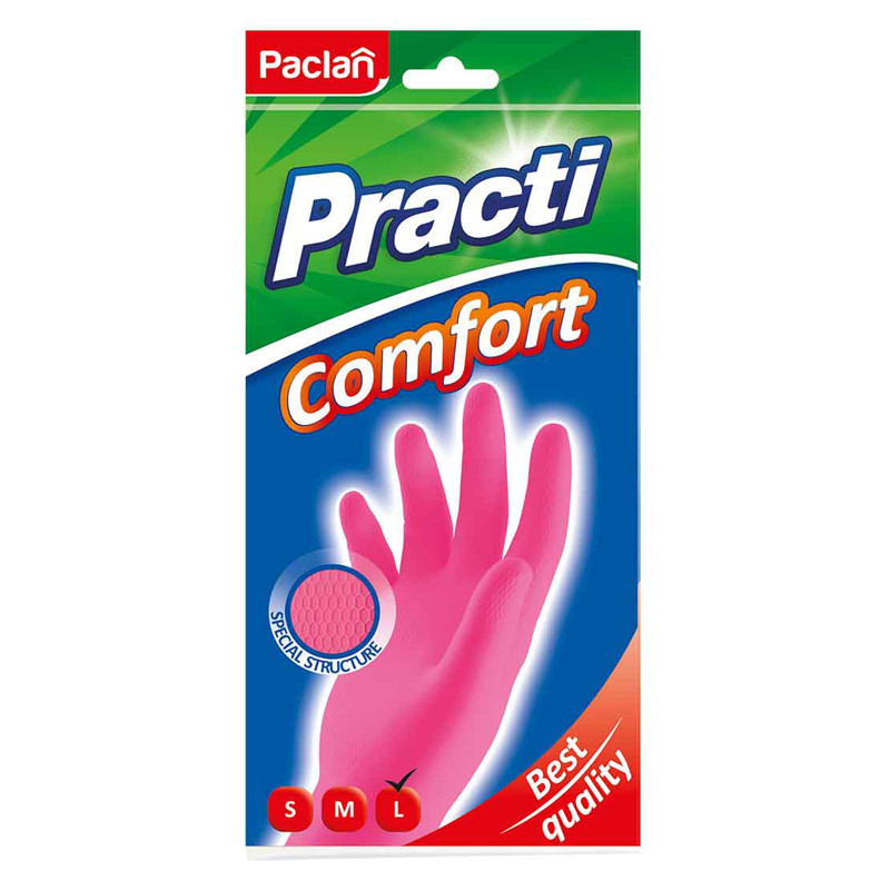 Перчатки резиновые Paclan "Practi.Comfort", L, розовые, пакет с европодвесом - фото 1 - id-p95274455
