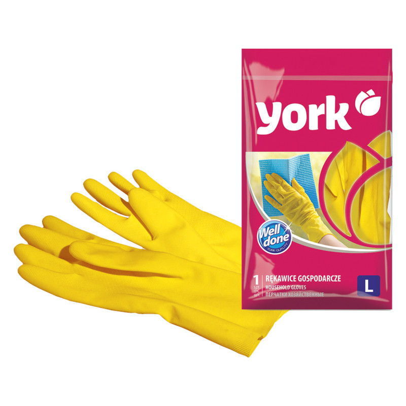 Перчатки резиновые York, суперплотные, с х/б напылением, р. L, желтые, пакет с европод.