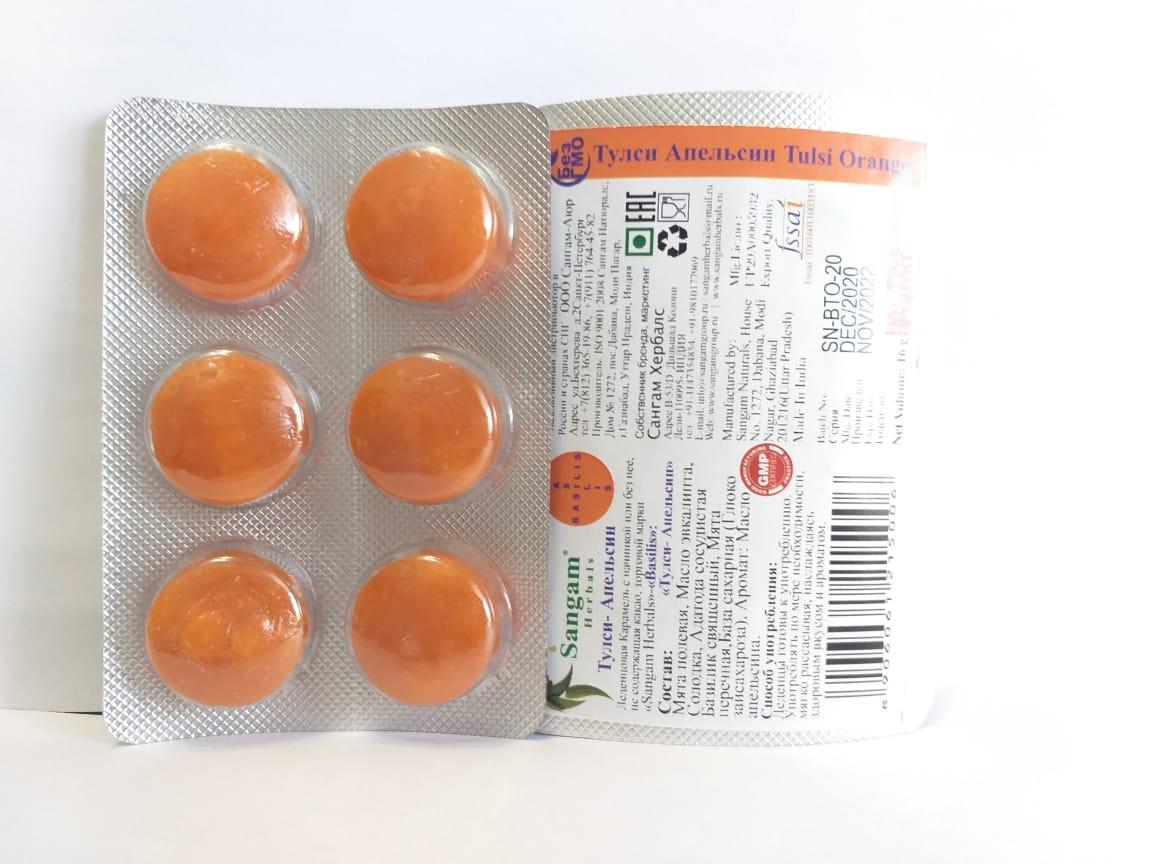 Леденцы  Апельсин и Тулси от кашля и боли в горле 1 блистер/6 шт, Sangam Herbals