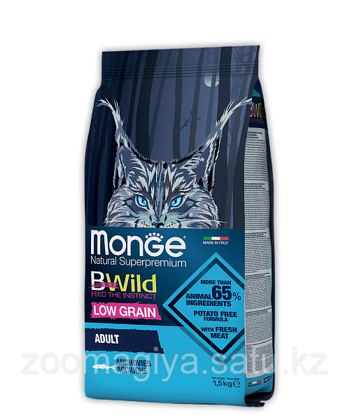 MONGE BWILD LOW GRAIN Anchovies Корм с анчоусами для взрослых кошек 1,5кг - фото 1 - id-p95384623