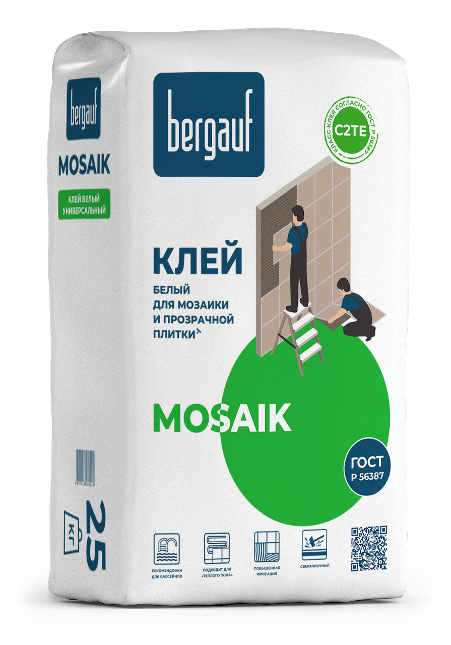 Белый клей MOSAIK для мозаики и прозрачной плитки Bergauf 25 кг