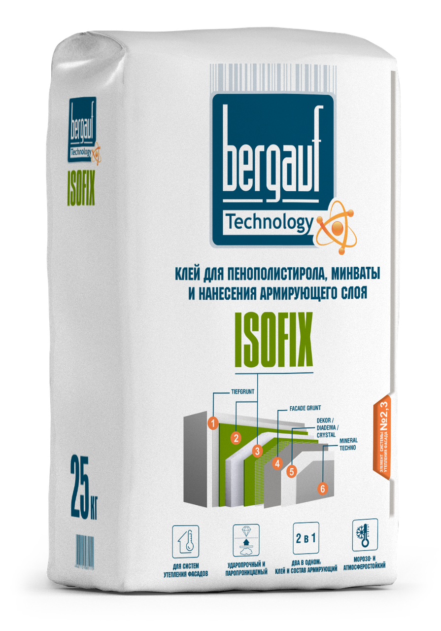 Клей для пенополистирола, минваты и нанесения армирующего слоя  ISOFIX 25 кг Bergauf