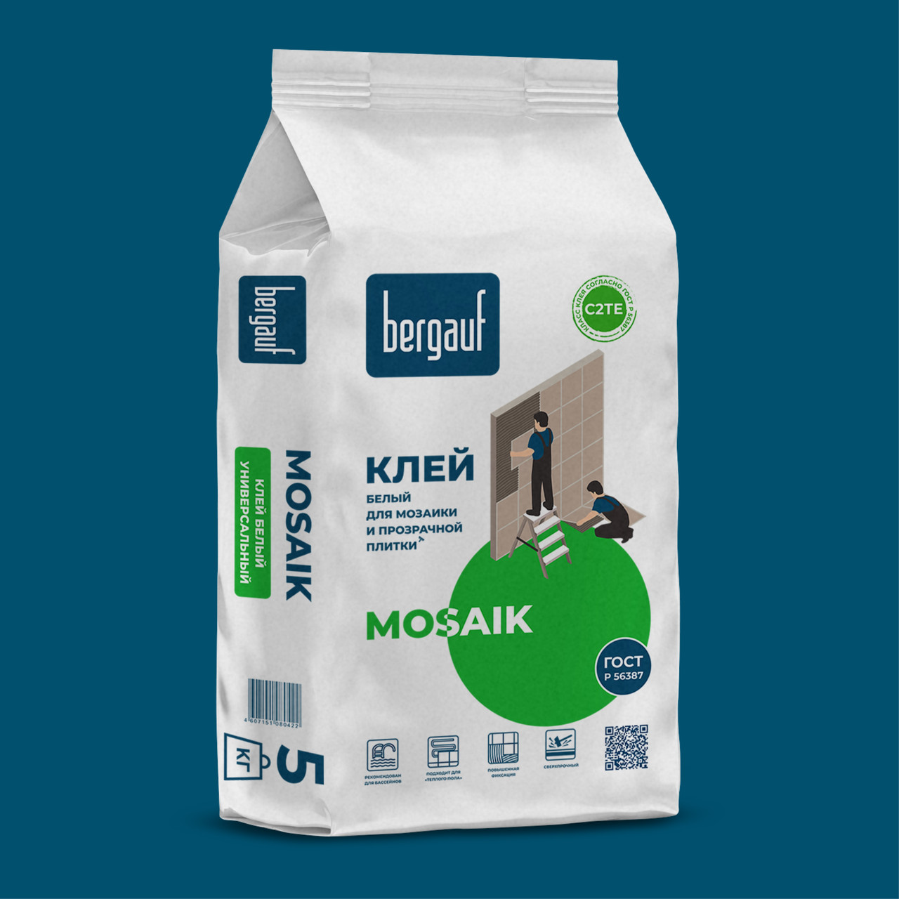 Белый клей MOSAIK для мозаики и прозрачной плитки Bergauf 5 кг