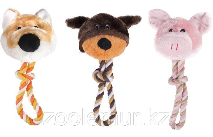 FLAMINGO игрушка для собак МИЛЫЕ ЖИВОТНЫЕ плюш+веревка с узлом и пищалкой, 30 см