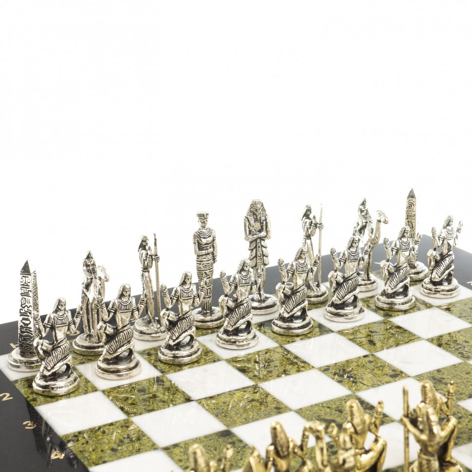 Декоративные шахматы "Древний Египет" доска 32х32 см из камня мрамор змеевик фигуры металлические - фото 3 - id-p95458771