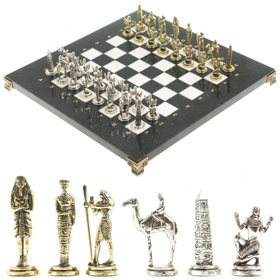 Подарочные шахматы с фигурами из металла "Древний Египет" доска 32х32 см из камня мрамор - фото 1 - id-p95458773