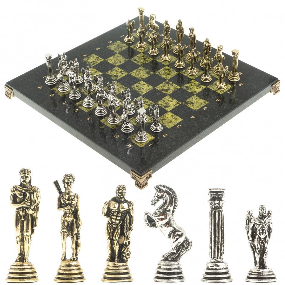 Сувенирные шахматы "Икар" доска 32х32 см из камня змеевик фигуры металлические - фото 1 - id-p95458777
